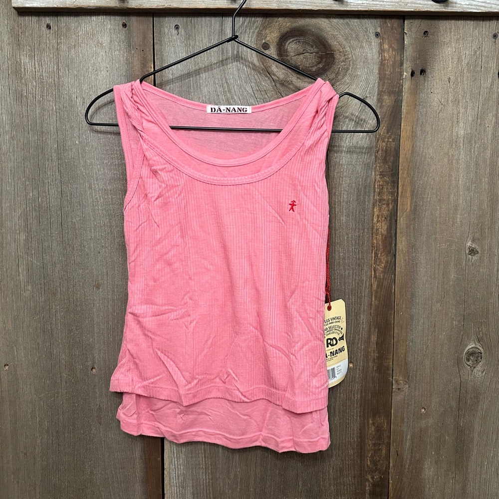 Da-Nang Layered Twist Strap Ribbed Tank Top in Punch Pink Size Small